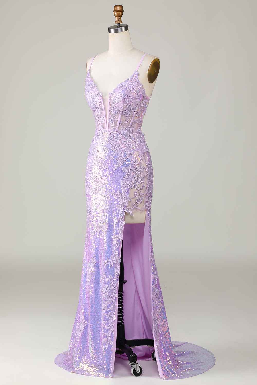 Spaghetti Strap Backless Sleeveless Appliques Long Prom Dress With Split