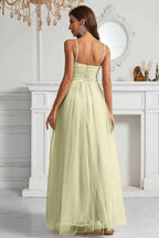 Tulle Spaghetti Strap Sleeveless Long Prom Dress With Pleated