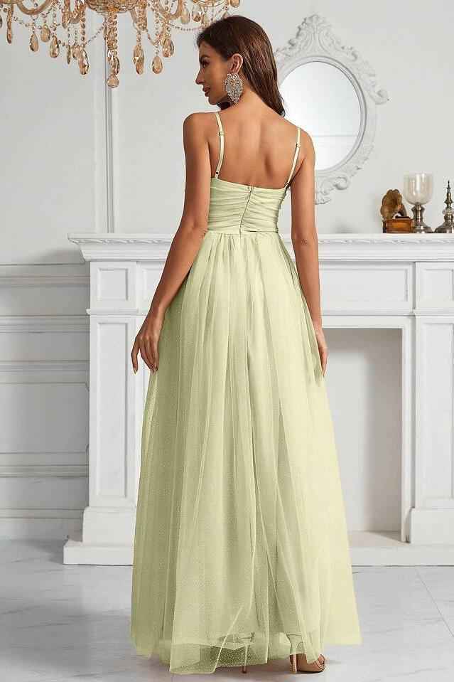 Tulle Spaghetti Strap Sleeveless Long Prom Dress With Pleated
