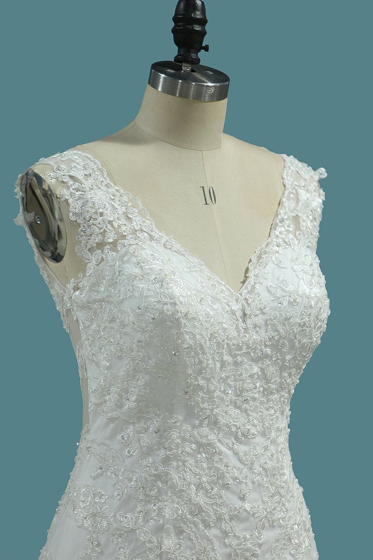 Wide Straps V-neck Mermaid Wedding Dress Floor-length With Appliques Lace BM bride