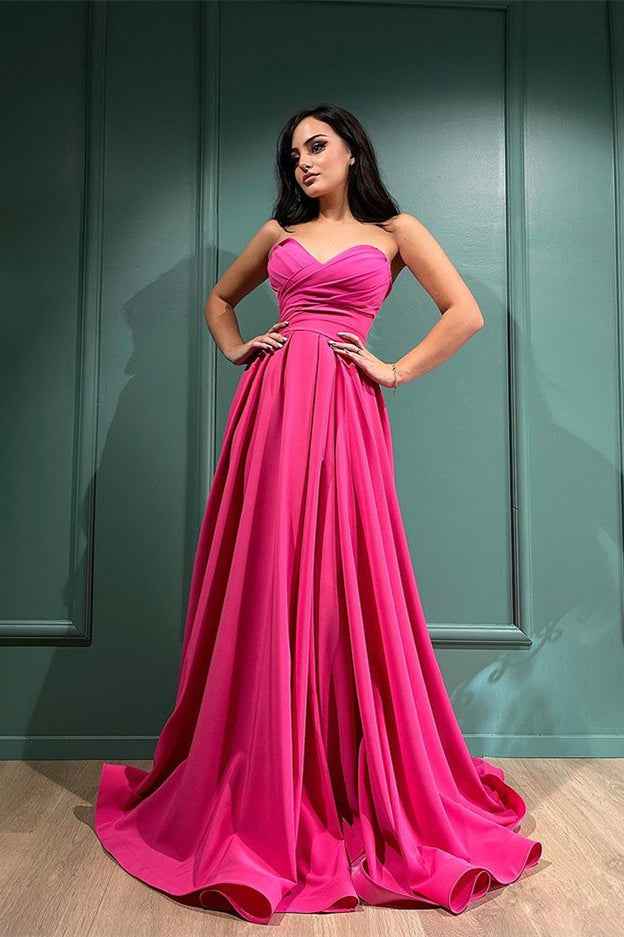 Sweetheart Strapless Sleeveless Fuchsia Long Prom Dress With Split