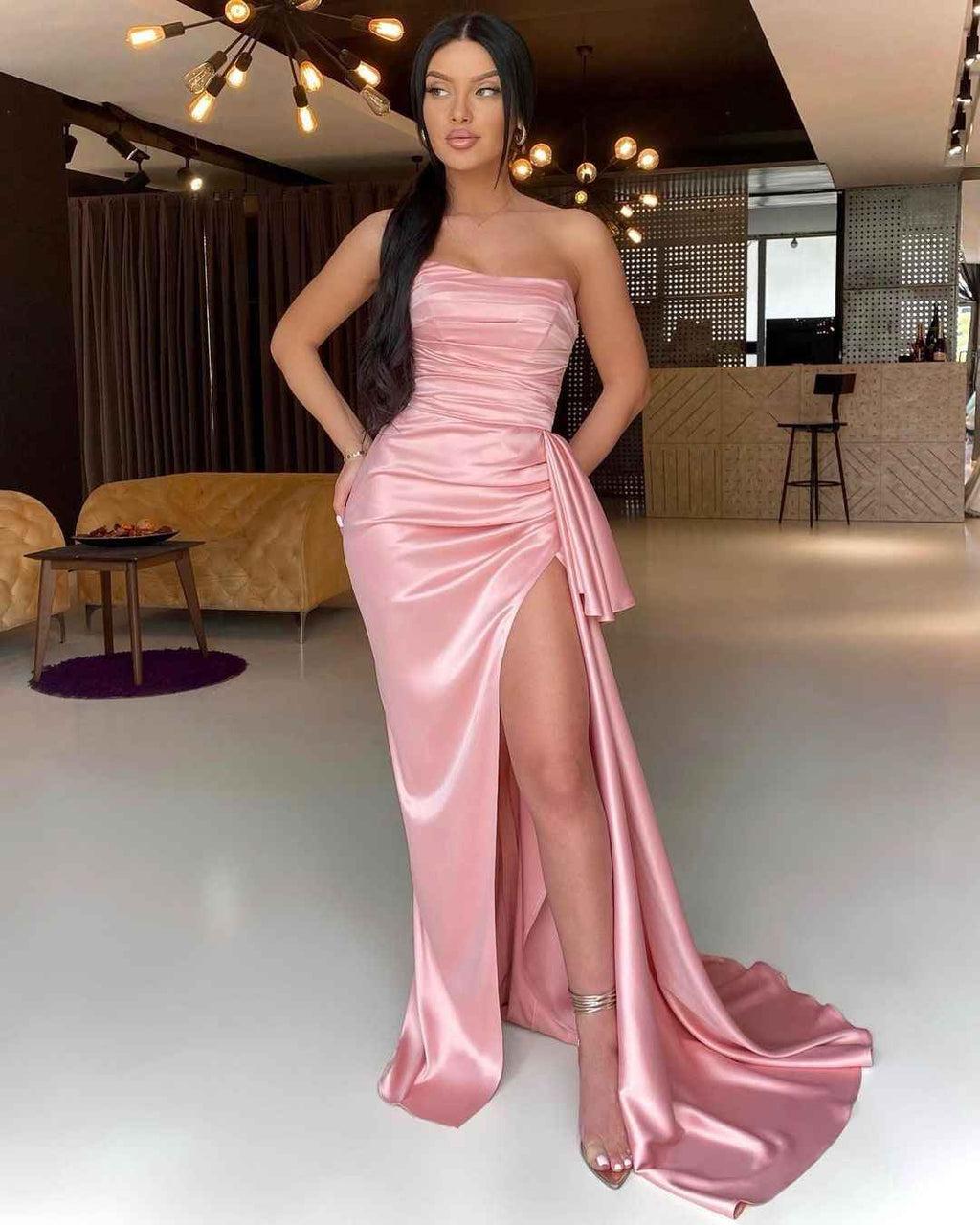 Pink Strapless Sleeveless Mermaid Long Pleated Prom Dress With High Split