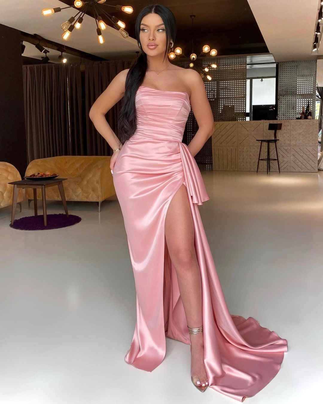 Pink Strapless Sleeveless Mermaid Long Pleated Prom Dress With High Split