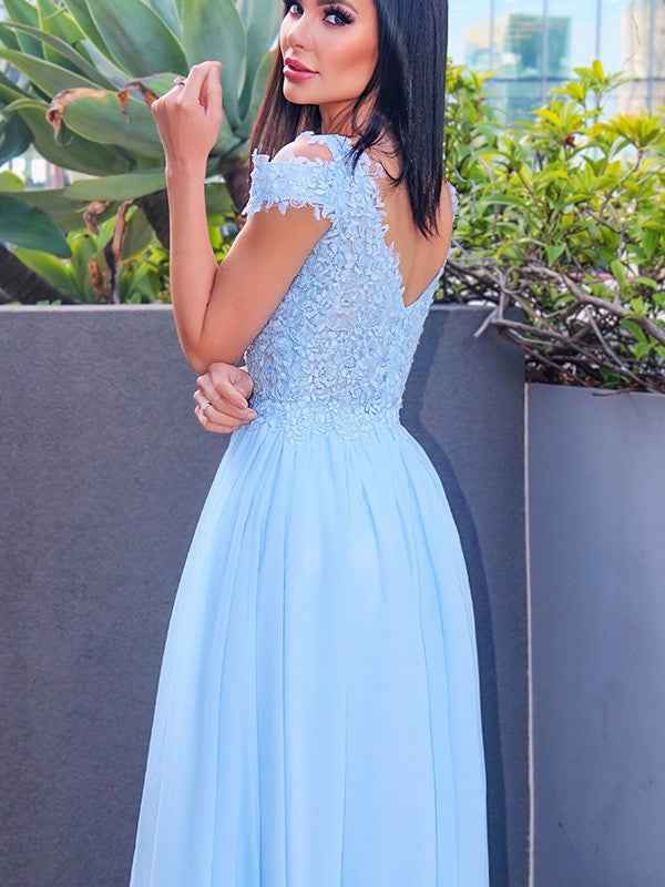Chic Cap Sleeves Classy Sky Blue Appliques Long Prom Dress With Front Split