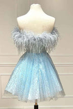 Black A-Line Strapless Homecoming Dress with Feathers