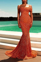 One Shoulder Orange Strapless Sleeveless Mermaid Long Prom Dress With Sequins