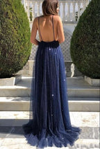 Dark Navy Spaghetti-Straps Sequins Prom Dress BM bride