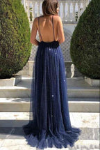 Dark Navy Deep V Neck Backless Spaghetti Strap Long Prom Dress With Sequins