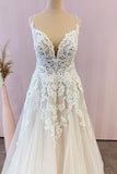 Stunning Spaghetti Strap A-Line Floor-Length Tulle Wedding Dress with Lace Appliques BM bride
