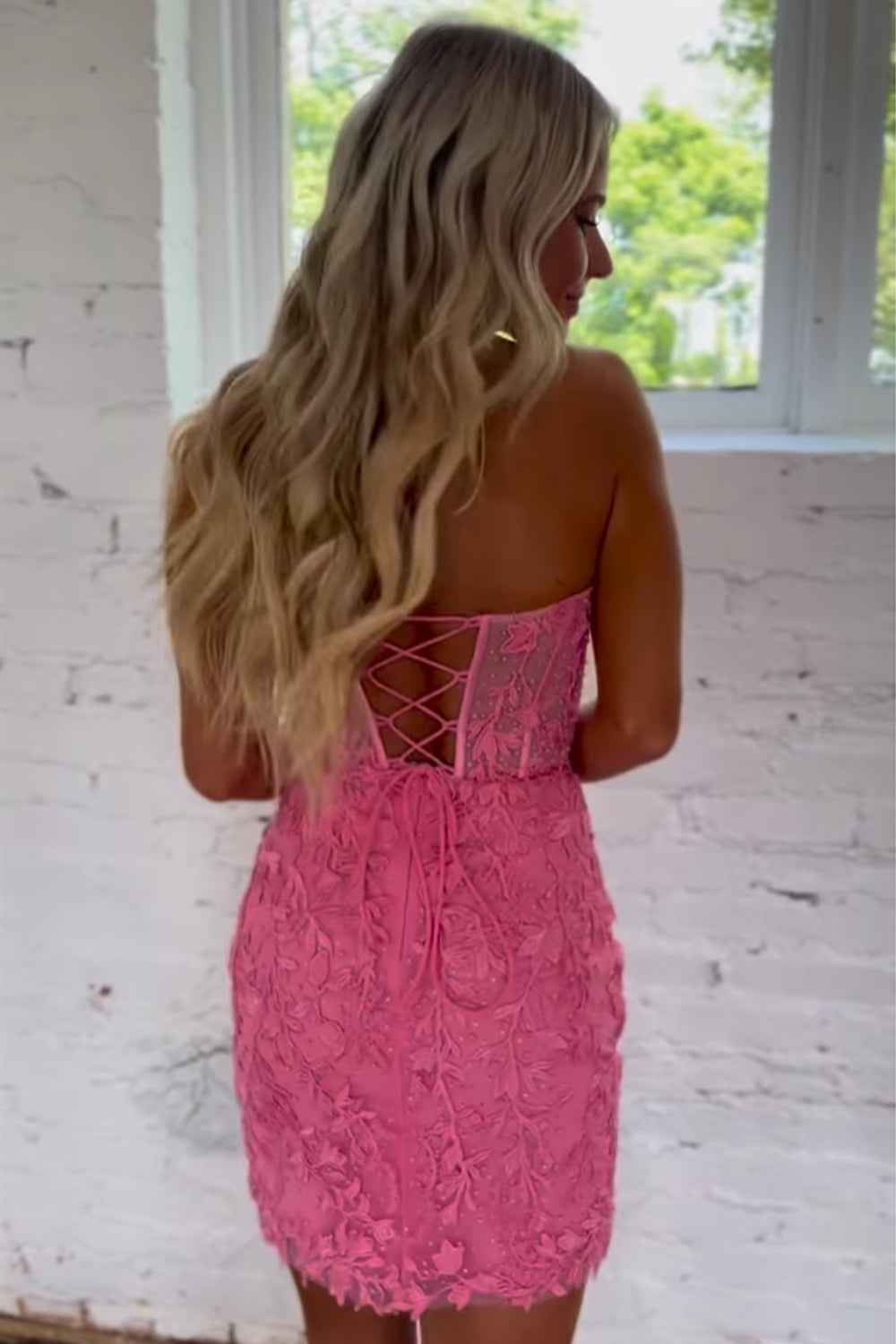 Pink Corset Lace Sweetheart Asymmetrical Tight Short Homecoming Dress Bmbride
