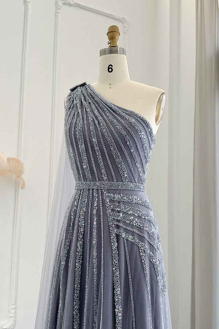 Stunning Gray One Shoulder A Line Prom Dress Appliques With Beading