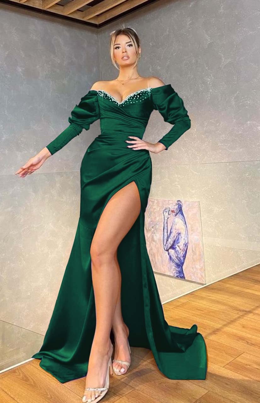 Off the Shoulder Mermaid Royal Blue Long Sleeves Prom Dress Beading BMBRIDE
