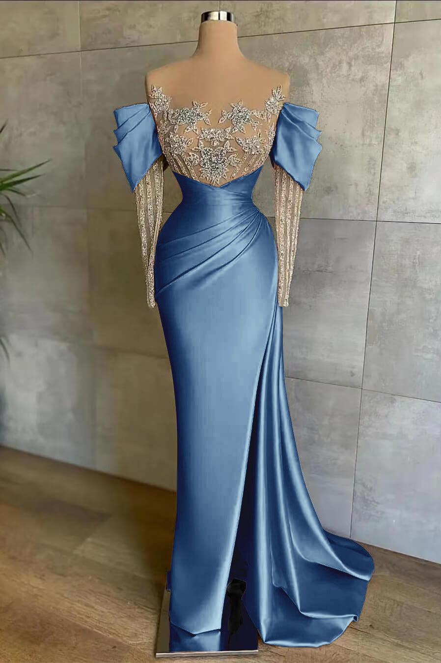 Pink Split Mermaid Long Sleeves Prom Dress Beadings With Appliques Off the Shoulder