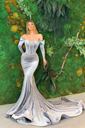 Chic Off the Shoulder Mermaid Long Sleeves Velvet Prom Dress With Pleated