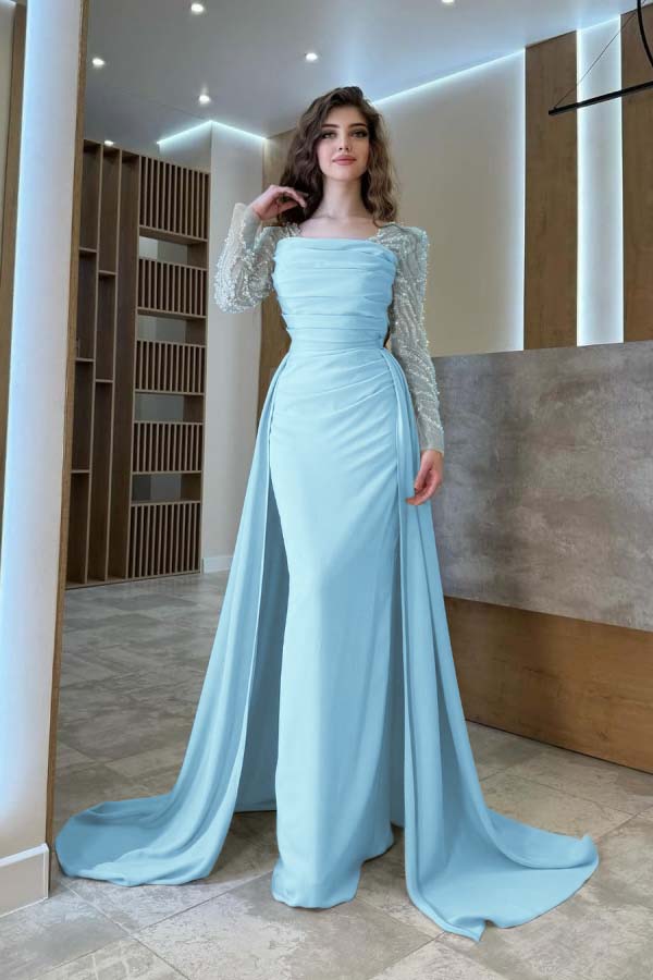 Long Sleeves Square Neck Long Mermaid Prom Dress With Pleated BMBRIDE