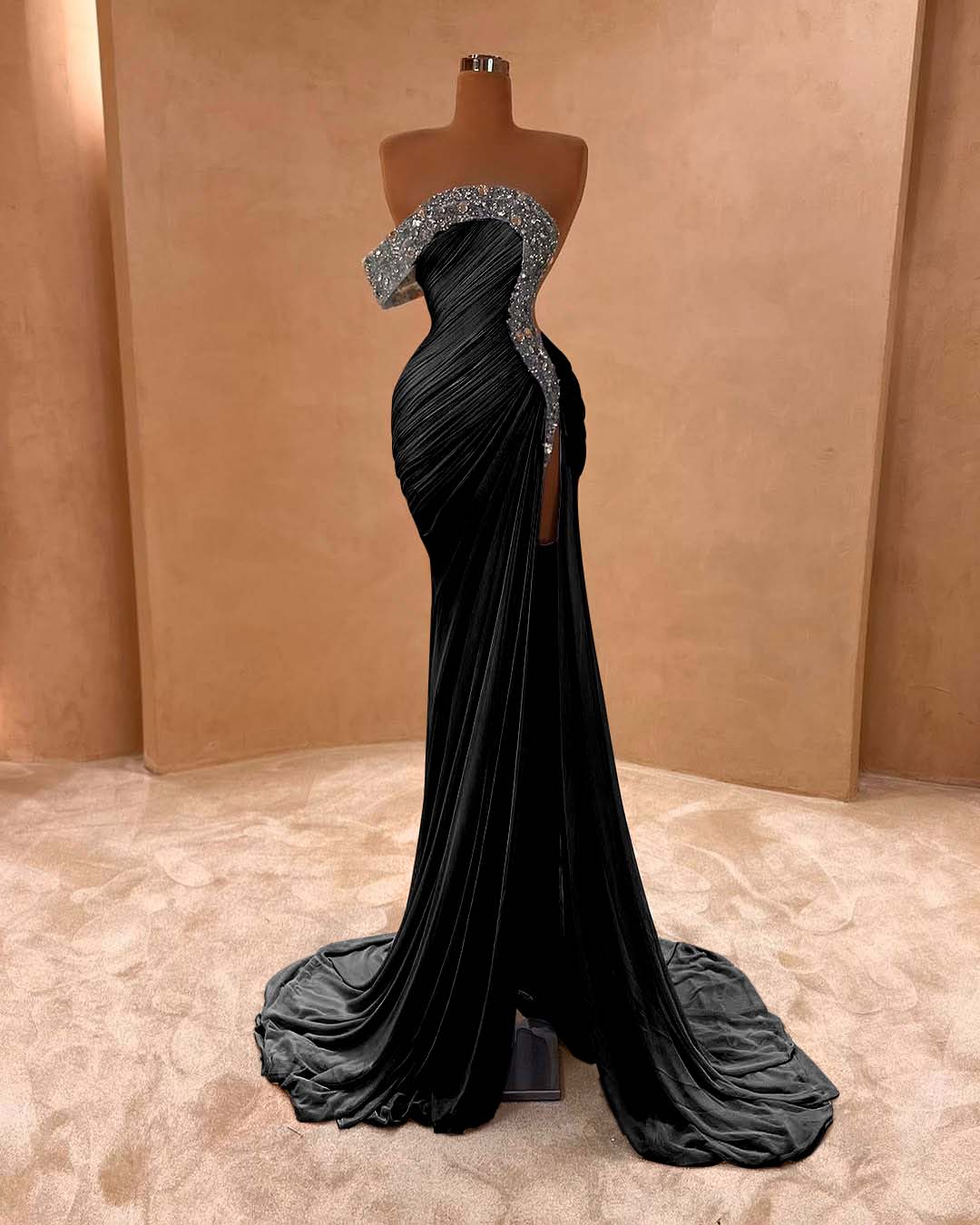 One Shoulder Sleeveless Long Split Prom Dress With Pleated Sequins BMBRIDE