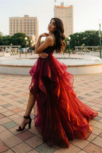 Burgundy Spaghetti-Straps Prom Dress with Ruffles BM bride