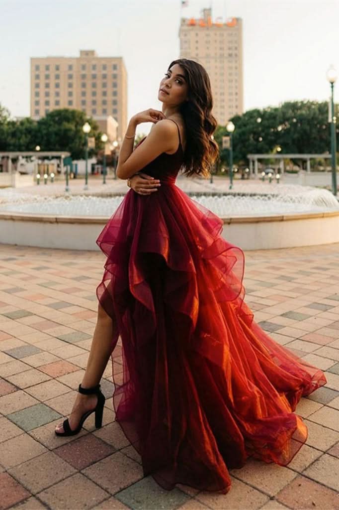 Burgundy Spaghetti-Straps Prom Dress with Ruffles BM bride
