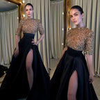 Black and Champagne Long Sleeves Mermaid Prom Dress with Slit BM bride