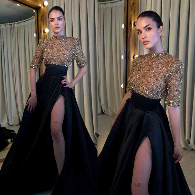 Black and Champagne Long Sleeves Mermaid Prom Dress with Slit BM bride
