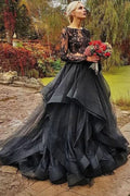 Black Long Two-Piece Wedding Dress with Tulle Lace and Sleeves BM bride