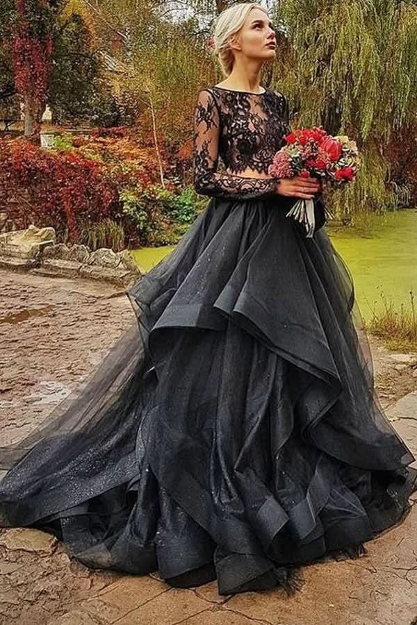 Black Long Two-Piece Wedding Dress with Tulle Lace and Sleeves BM bride