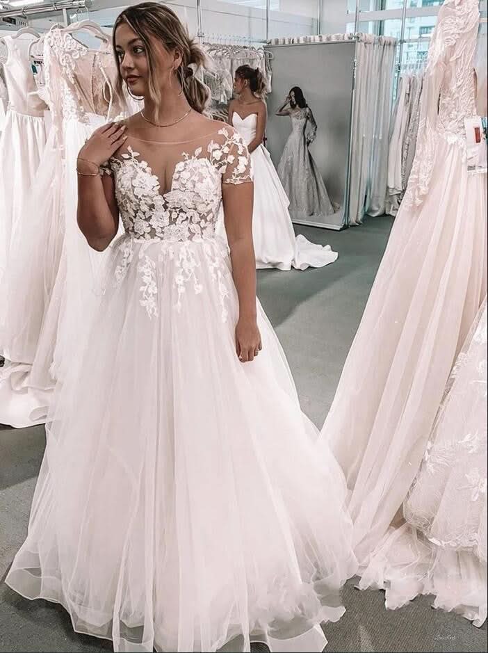 Bateau Short Sleeves A-Line Floor-length Wedding Dress With Appliques Lace Tulle BM bride