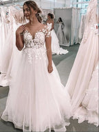 Bateau Short Sleeves A-Line Floor-length Wedding Dress With Appliques Lace Tulle BM bride