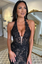Stylish Black Halter Lace Appliques Mermaid Long Prom Dress with Slit BM bride