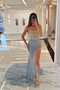 Charming Long Blue Strapless Sleeveless Evening Dress with Applique, Beadings, and Rhinestone BM bride