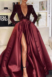 Deep V-Neck Long Sleeves Mermaid Prom Dress with Split and Sequins BM bride