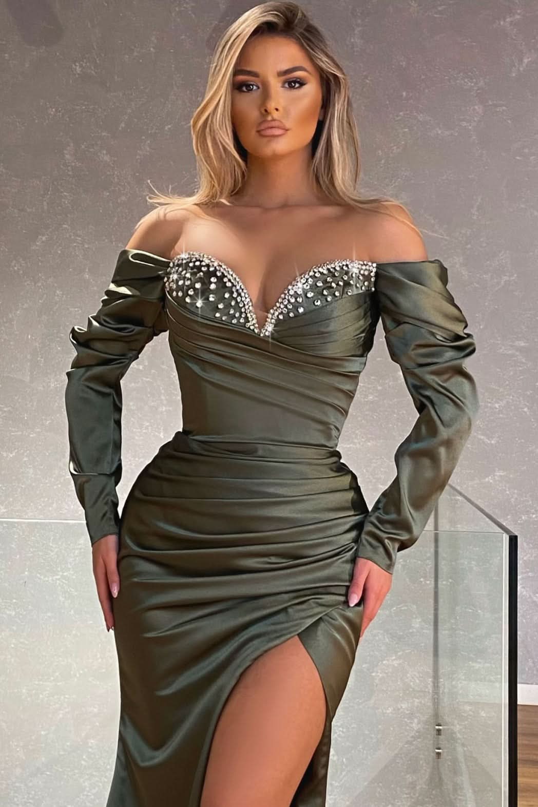 Sweetheart Long Sleeves Mermaid Prom Dress with Beadings and Split BM bride