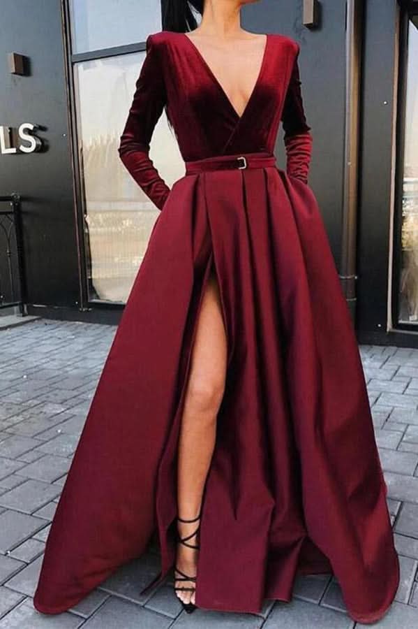 Long Sleeves Burgundy Prom Dress with Split BM bride