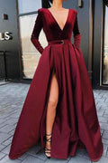 Burgundy Deep V Neck Long Sleeves A Line Long Prom Dress With Front Split