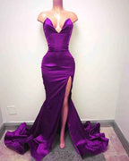 Strapless Sleeveless Mermaid V Neck Pleated Long Prom Dress With Side Split