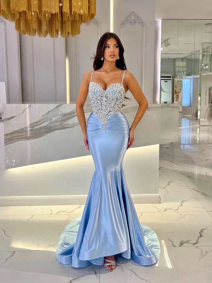 Baby Blue Mermaid Prom Dress Long Sweetheart Sleeveless with Beads BM bride