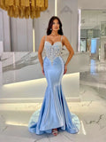 Baby Blue Mermaid Prom Dress Long Sweetheart Sleeveless with Beads BM bride