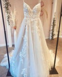 Vintage Spaghetti Straps A-Line Wedding Dress With Train Appliques Lace BM bride