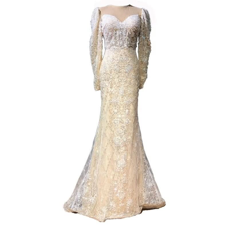 Sexy Sequined V-Neck Mermaid Prom Dress with Long Sleeves BM bride