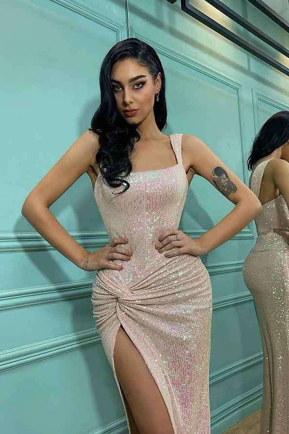 Elegant Shoulder Straps Mermaid Prom Dress Sequins With Split