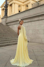 Chiffon One Shoulder Sleeveless Long Prom Dress With Pleated