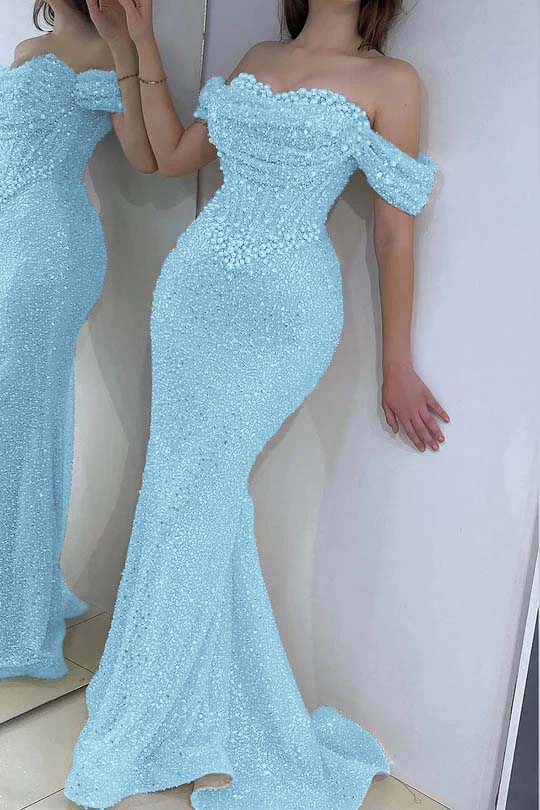 Off the Shoulder Strapless Sleeveless Long Prom Dress With Sequins BMBRIDE