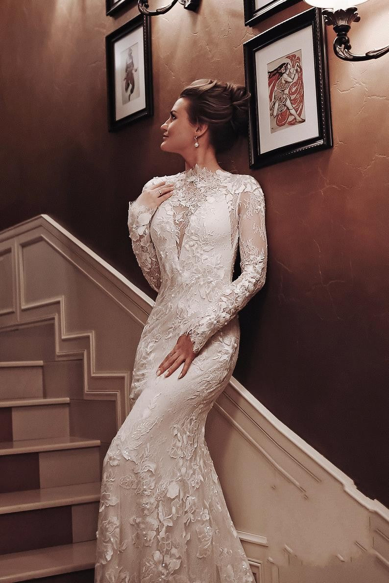 Unique Long Sleeve High Neck Backless Mermaid Wedding Dress with Lace Appliques BM bride
