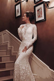 Unique Long Sleeve High Neck Backless Mermaid Wedding Dress with Lace Appliques BM bride