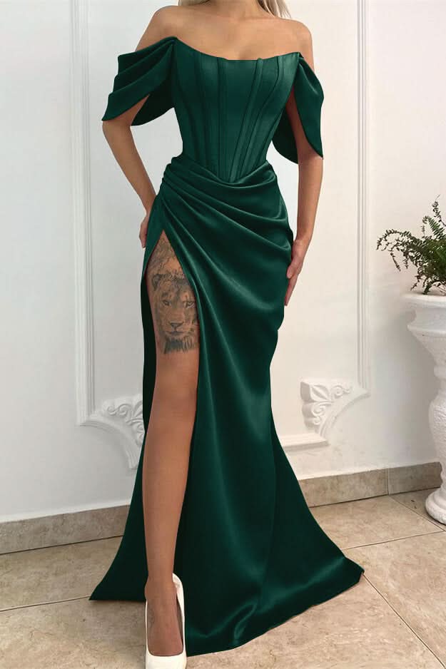 Off-the-Shoulder Long Mermaid Prom Dress with Split BM bride