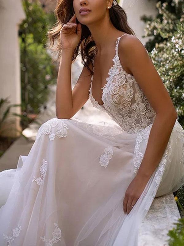 V-Neck Sleeveless Tulle Lace Wedding Dress BM bride
