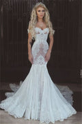 Off-the-Shoulder Sweetheart Mermaid Lace Wedding Dress with Lace-Up Back BM bride