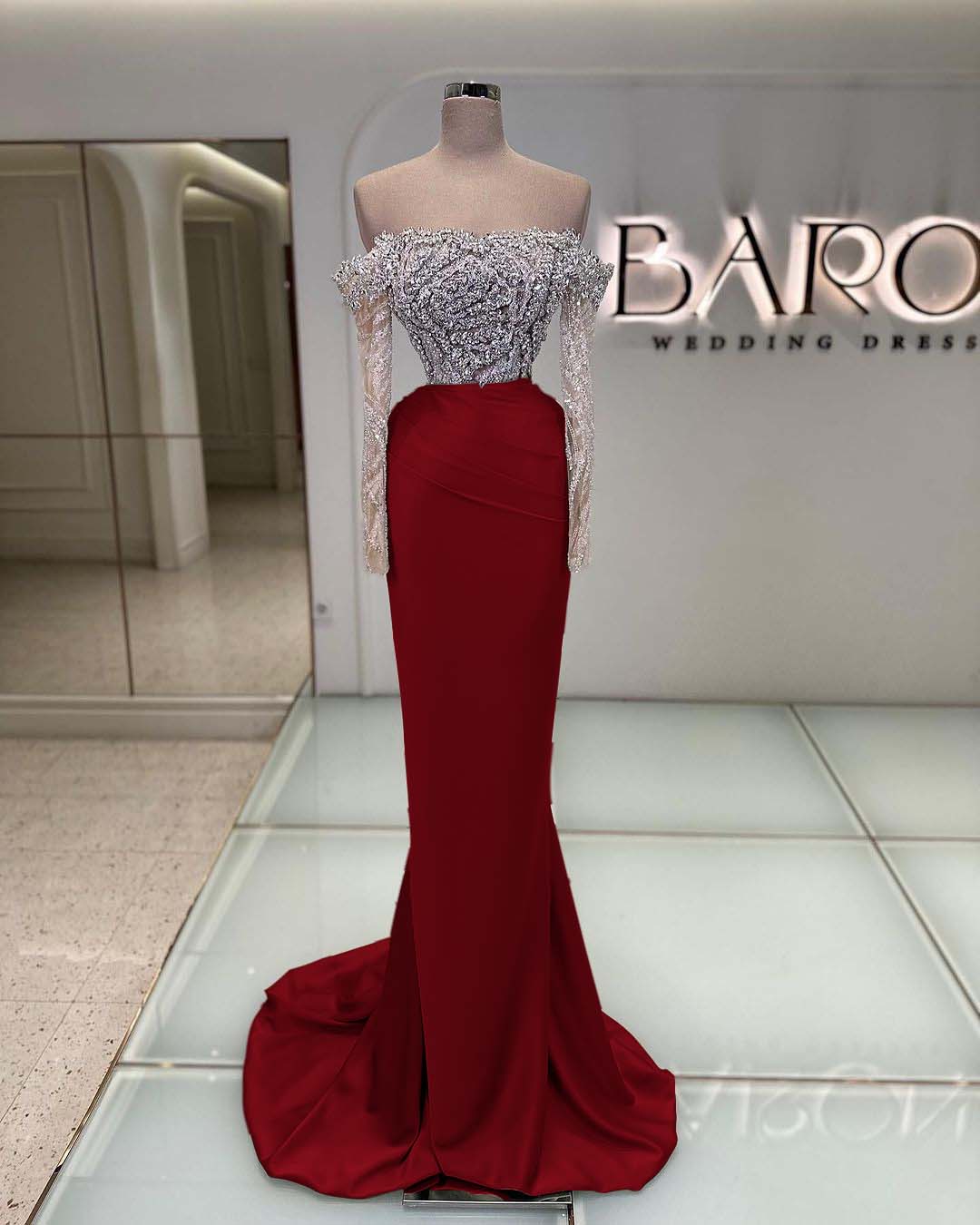Off the Shoulder Long Sleeves Long Mermaid Prom Dress With Beading BMBRIDE
