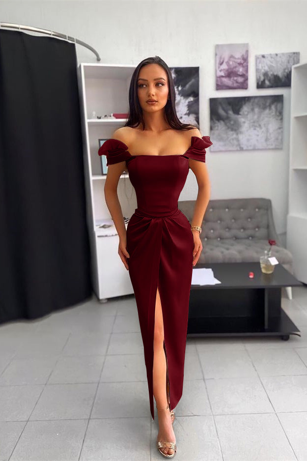 Off the Shoulder Split Ankle Long Prom Dress With Chic Wrinkle BMBRIDE