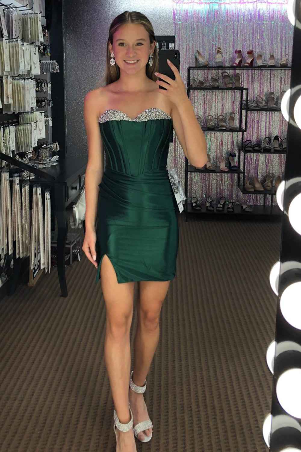 Sparkly Dark Green Tight Short Satin Homecoming Dress Bmbride